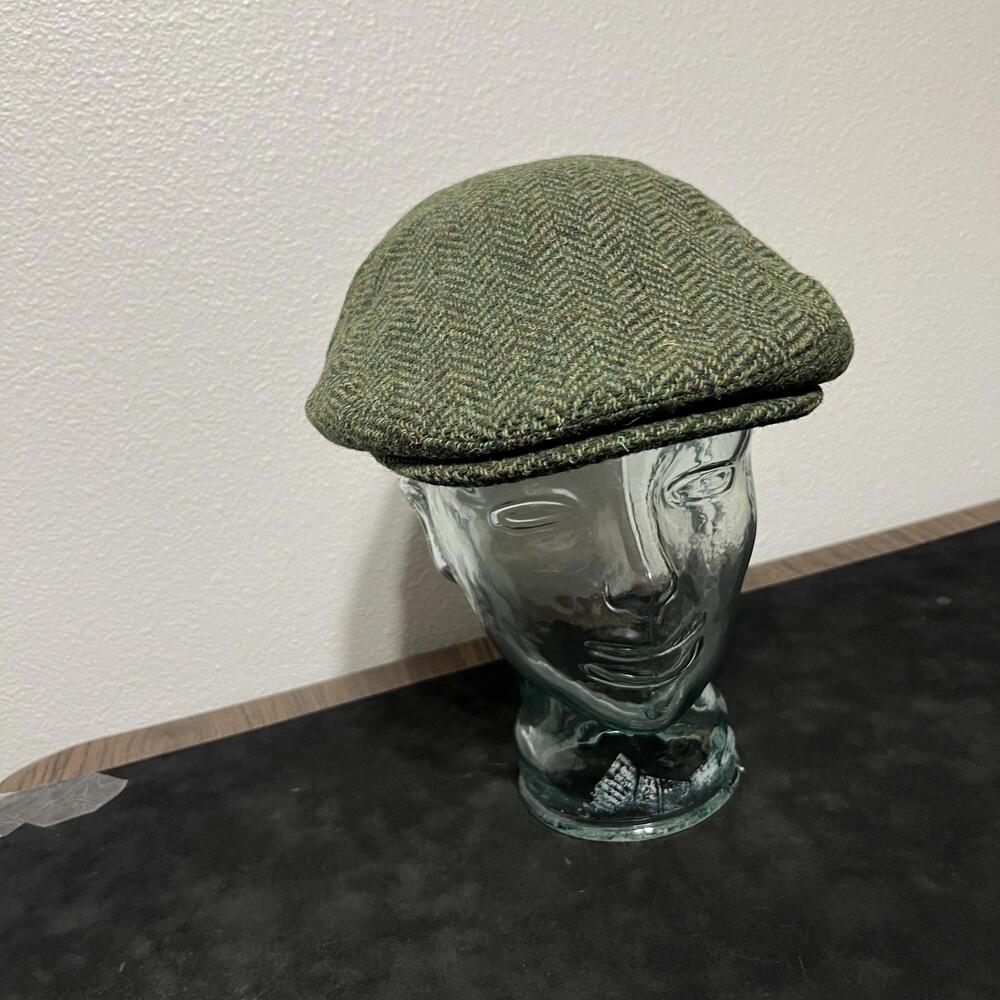 Aran Sweater Market Hat Cap Fitted Mens Large L Green Wool Herringbone Ireland